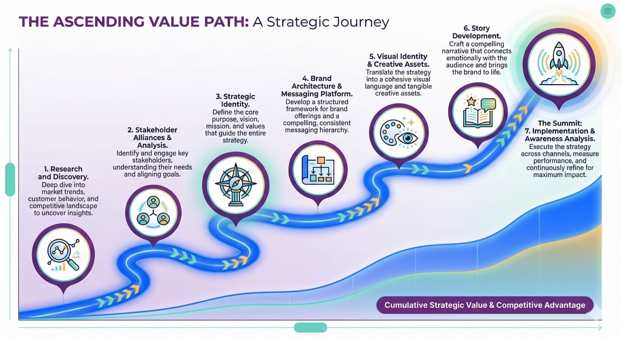 Infographic with overlaid colored circles representing 8 steps to attainment